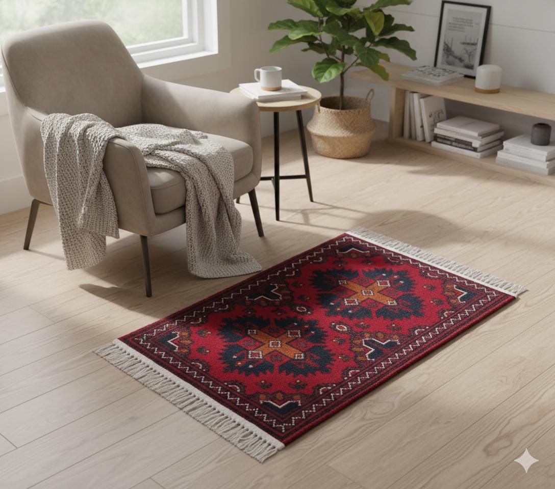 Handmade Afghan Wool Rug: Small Tribal Carpet, Boho Decor (39x59 cm)