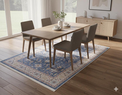 Blue Turkish Style Rug: Oriental Area Carpet with Ivory Border