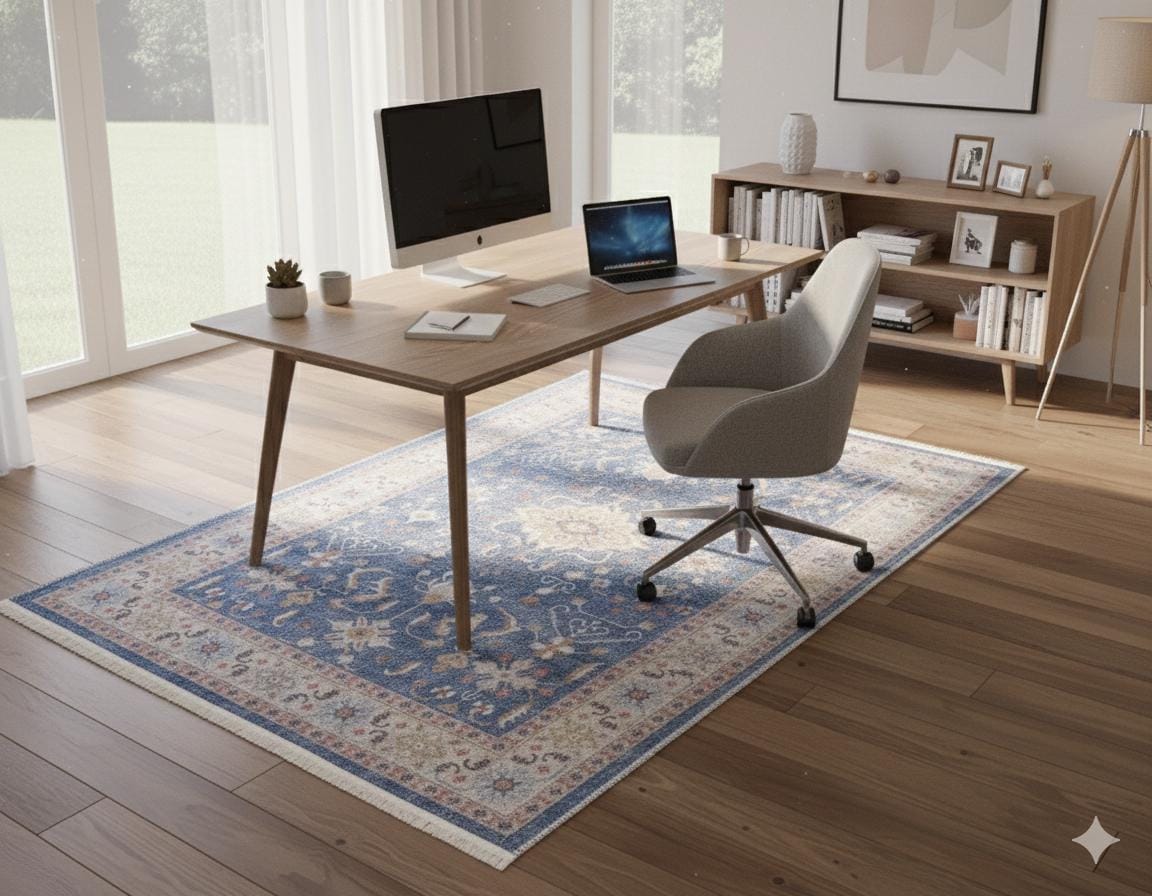 Blue Turkish Style Rug: Oriental Area Carpet with Ivory Border