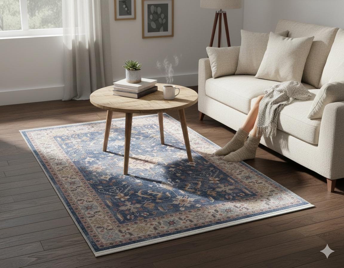 Blue Turkish Style Rug: Oriental Area Carpet with Ivory Border