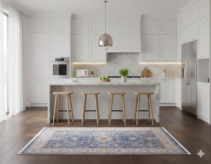 Blue Turkish Style Rug: Oriental Area Carpet with Ivory Border
