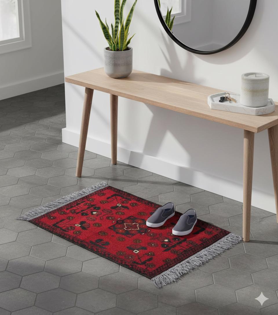 Small Handmade Afghan Rug: Tribal Red Wool Carpet, Boho Decor (44x61 cm)