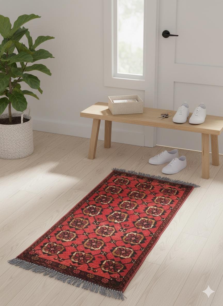 Small Afghan Rug: Handmade Tribal Red Wool Carpet, Boho Decor (50x96 cm)