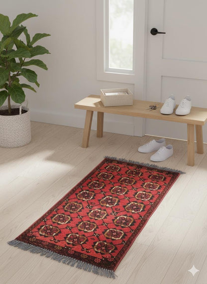 Small Afghan Rug: Handmade Tribal Red Wool Carpet, Boho Decor (50x96 cm)
