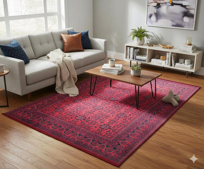 Red Vintage Oriental Afghan Rug: Washable Red Carpet with Tassels