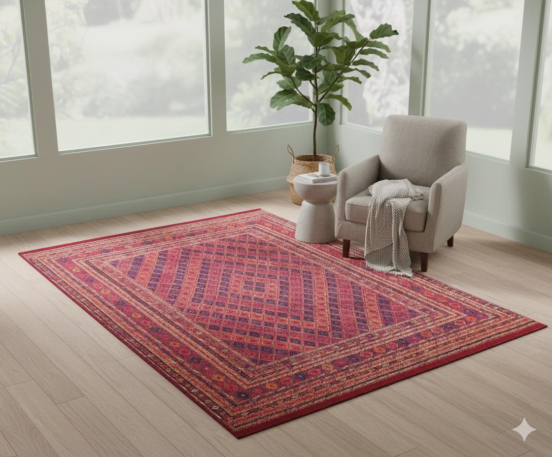 Vintage Red Oriental Afghan Rug: Washable Living Room Carpet