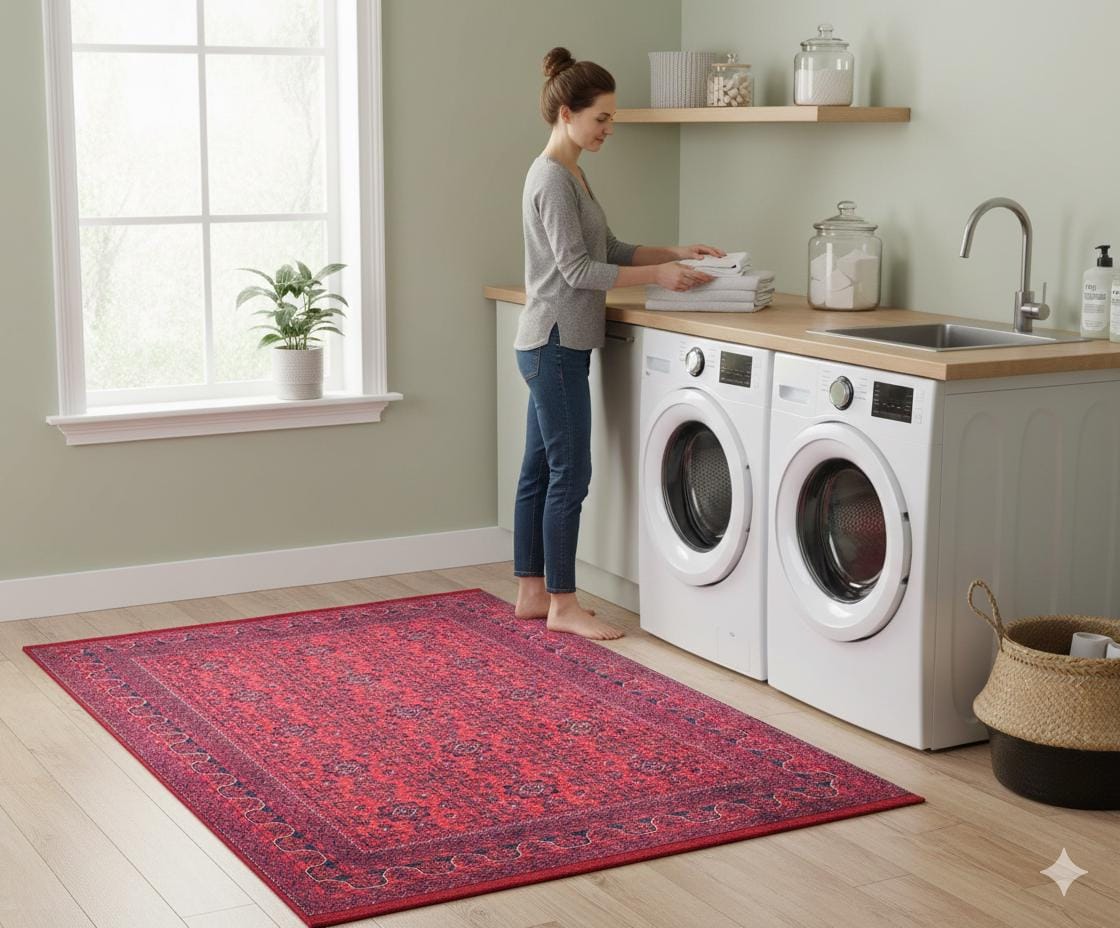 Vintage Red oriental Afghan Rug: Washable Red Area Carpet with Tassels
