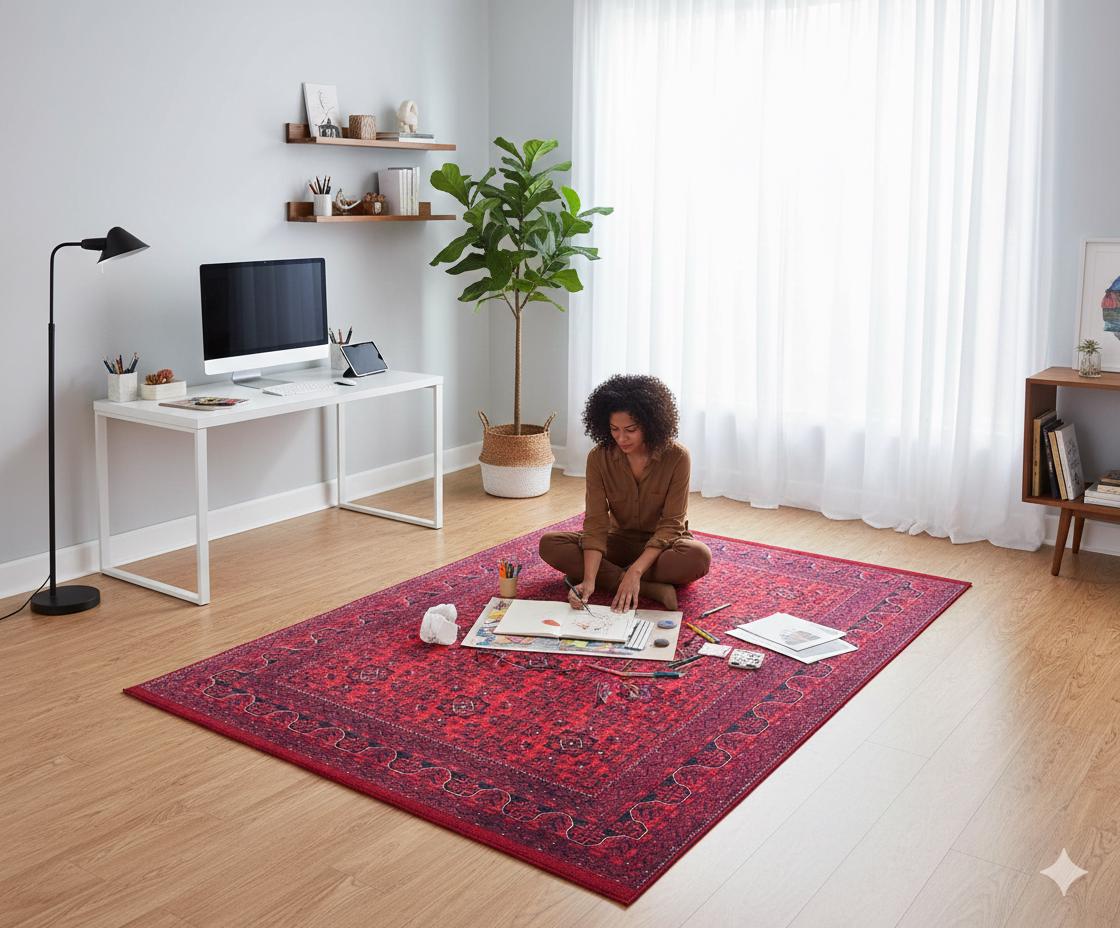 Vintage Red oriental Afghan Rug: Washable Red Area Carpet with Tassels