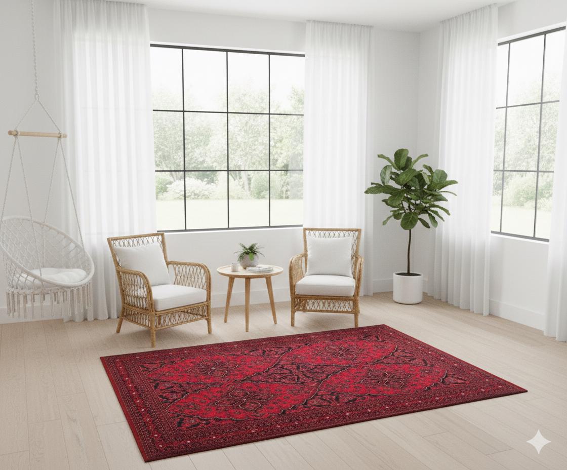 Vintage Red oriental Afghan Rug: Washable Red Carpet with Tassels