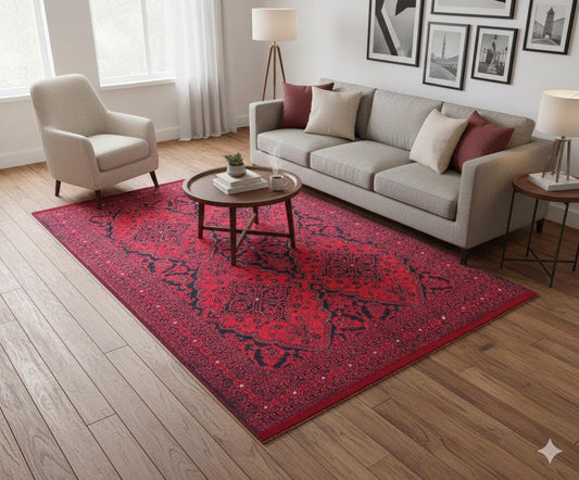 Vintage Red oriental Afghan Rug: Washable Red Carpet with Tassels