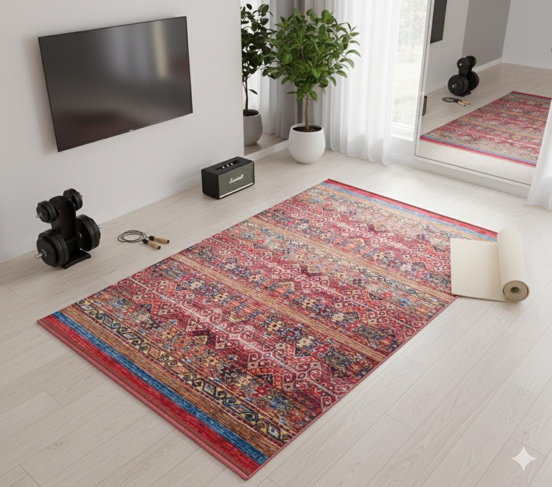 Red Turkish Style Area Rug: Red Vintage washable carpet