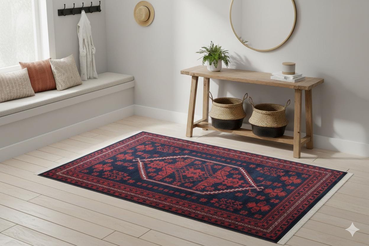Red Vintage Oriental Afghan Rug: Washable Red Carpet with Tassels