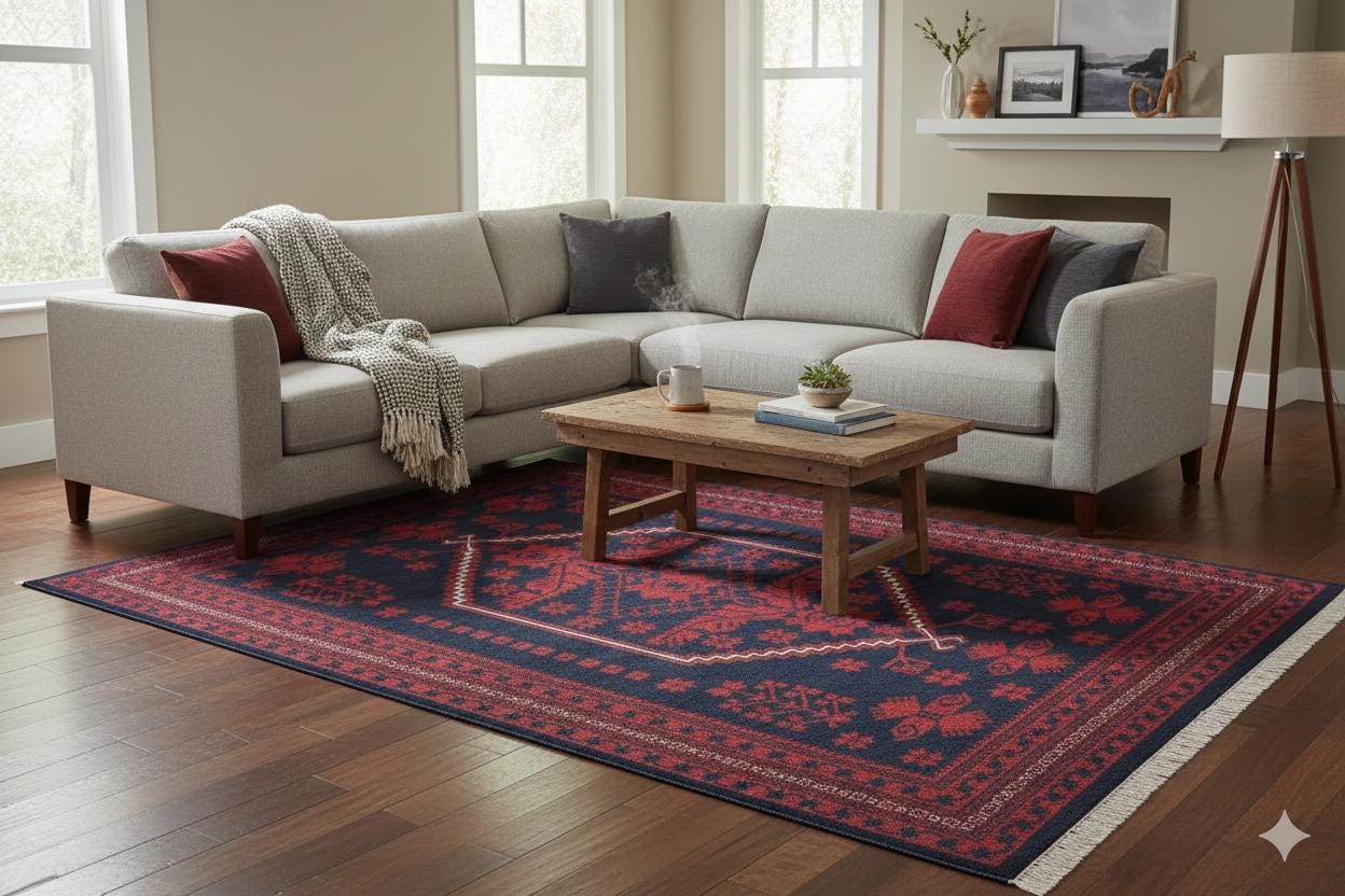 Red Vintage Oriental Afghan Rug: Washable Red Carpet with Tassels