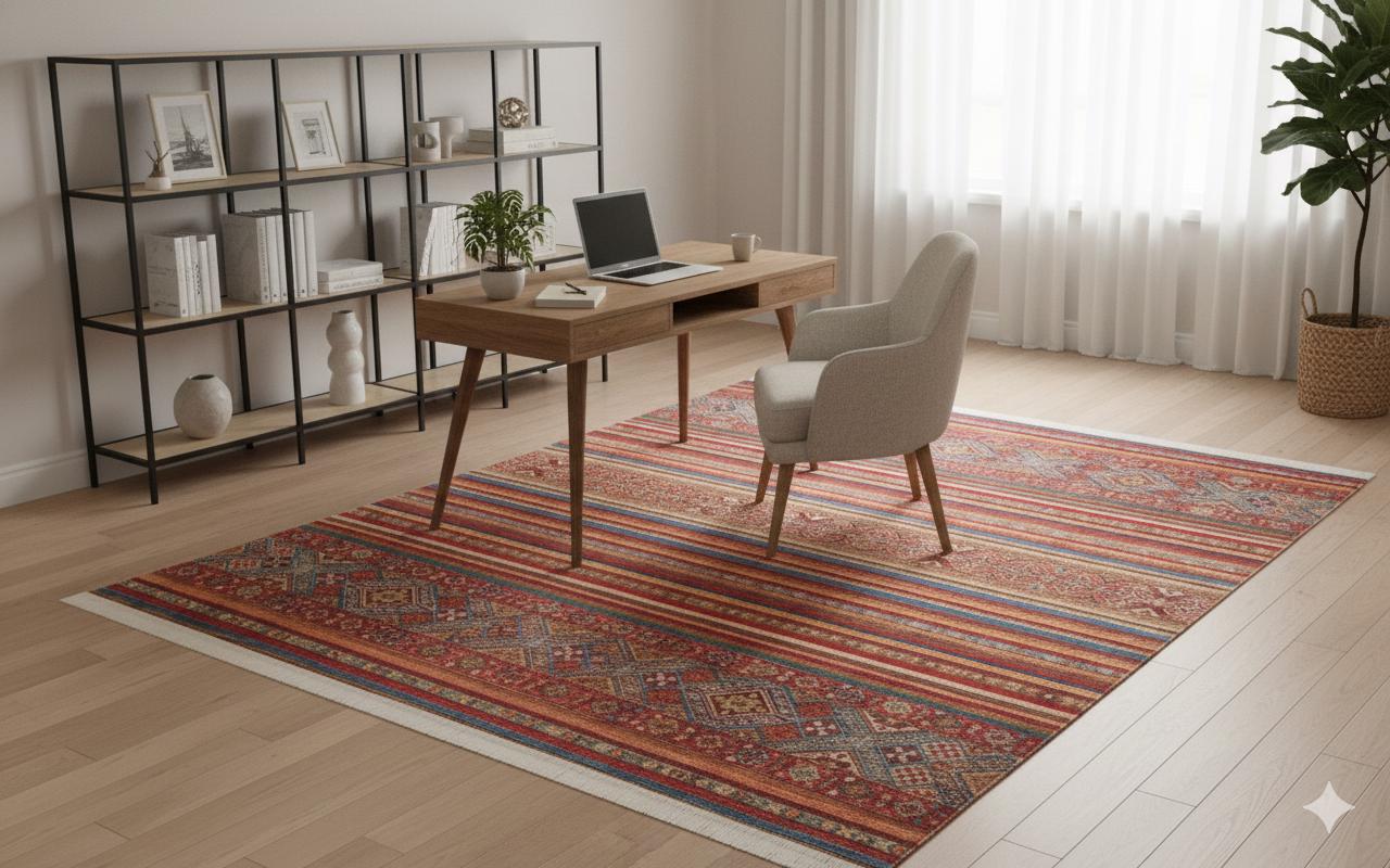 Red Vintage Oriental Afghan Rug: Washable Red Carpet with Stripes