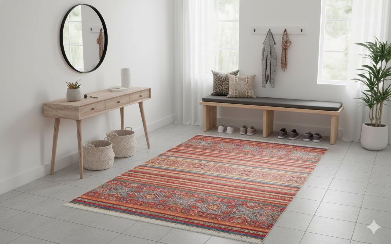 Red Vintage Oriental Afghan Rug: Washable Red Carpet with Stripes