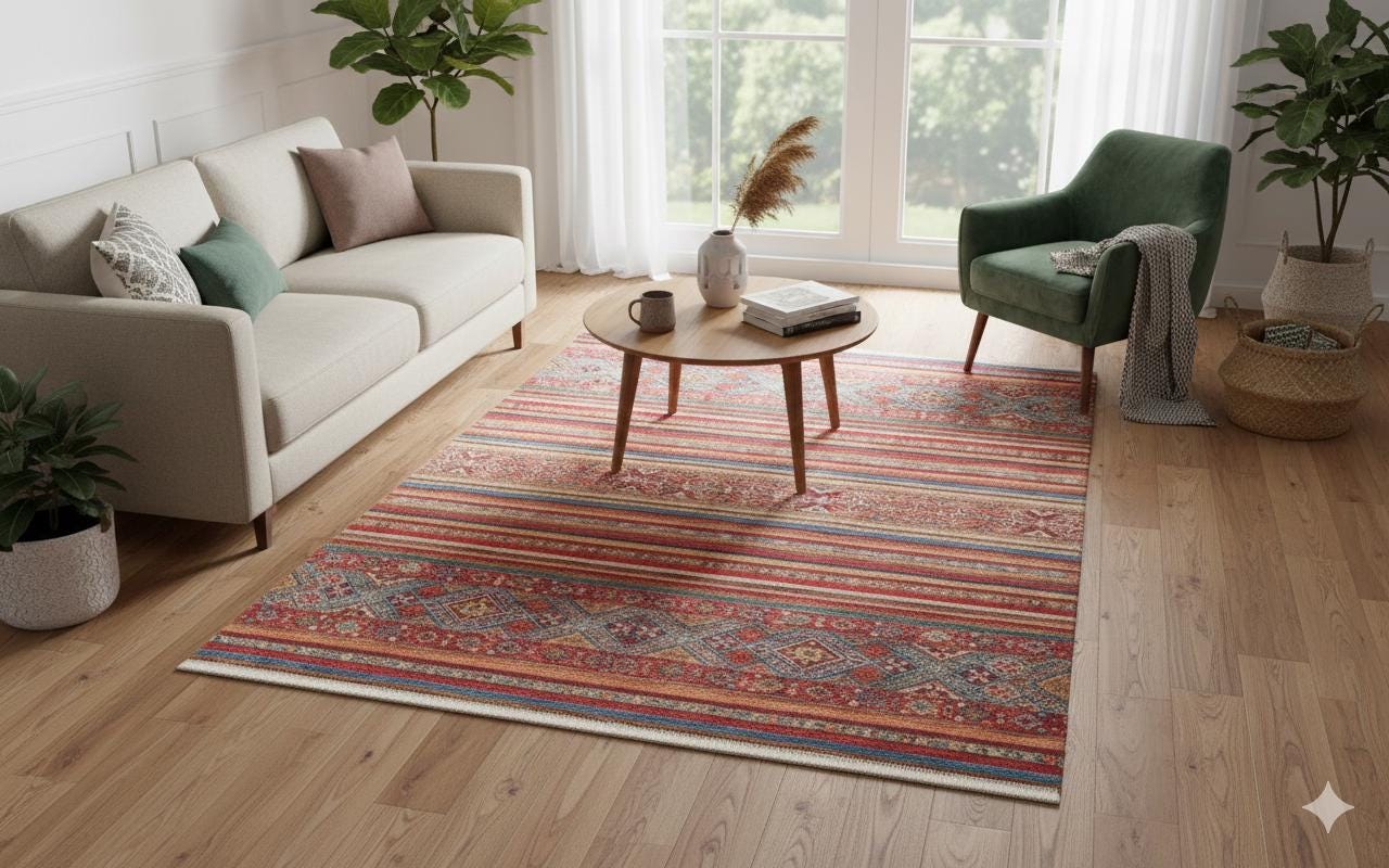 Red Vintage Oriental Afghan Rug: Washable Red Carpet with Stripes