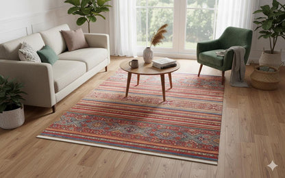 Red Vintage Oriental Afghan Rug: Washable Red Carpet with Stripes
