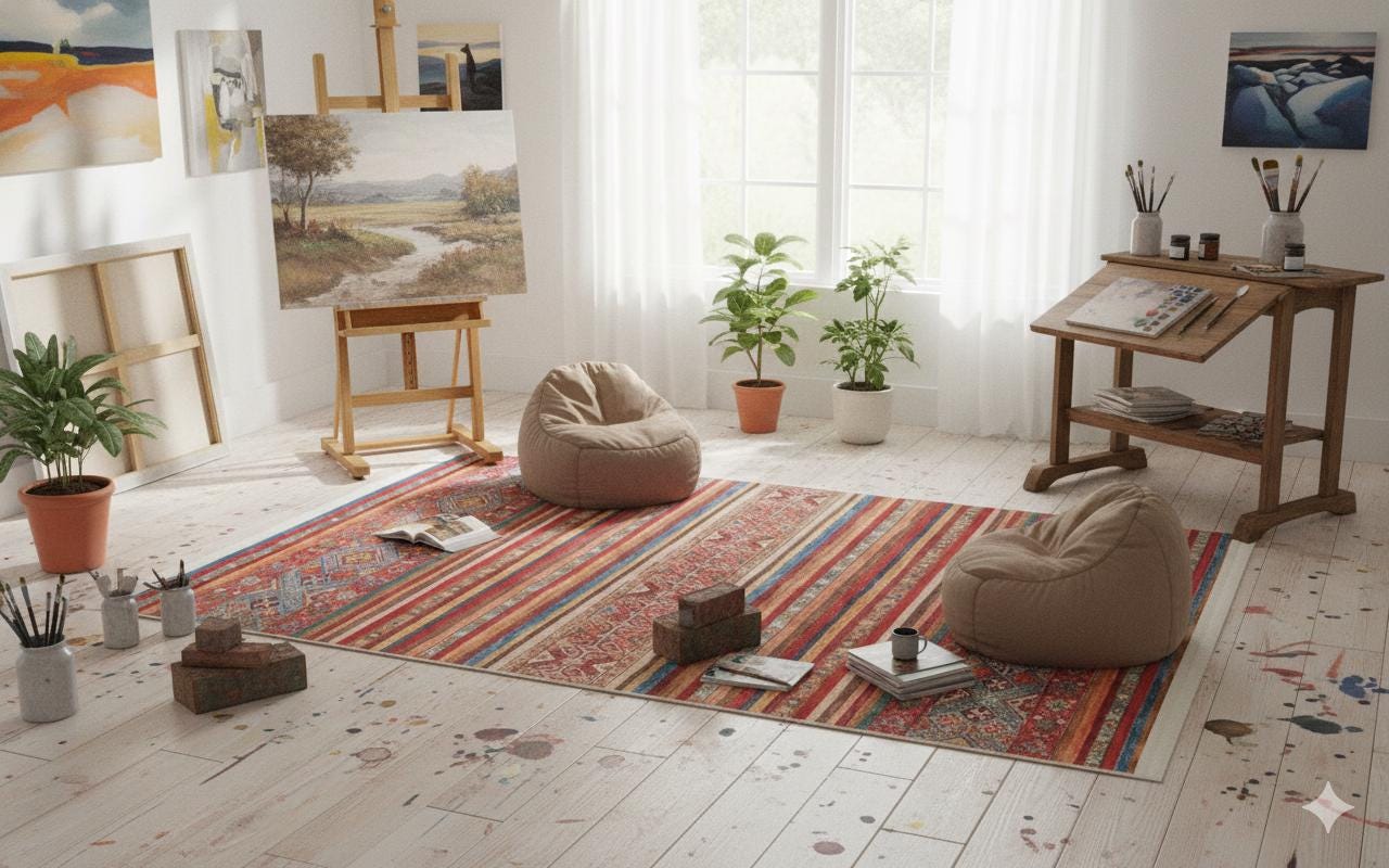 Red Vintage Oriental Afghan Rug: Washable Red Carpet with Stripes