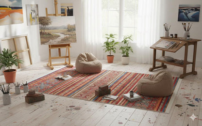 Red Vintage Oriental Afghan Rug: Washable Red Carpet with Stripes