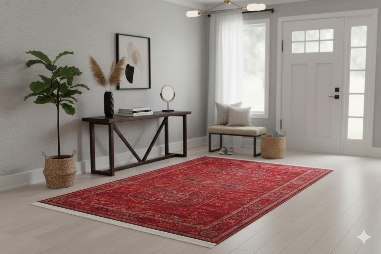 Red Vintage Oriental Afghan Rug: Washable Red Carpet with Tassels