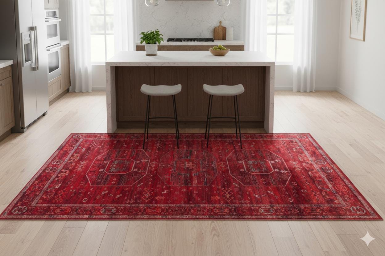 Red Vintage Oriental Afghan Rug: Washable Red Carpet with Tassels