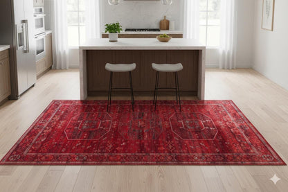 Red Vintage Oriental Afghan Rug: Washable Red Carpet with Tassels