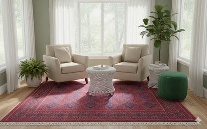 Red Vintage Oriental Afghan Rug: Washable Red Carpet with Tassels