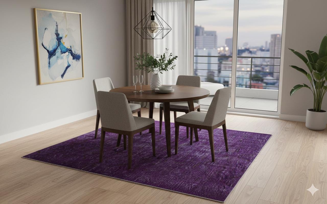 Vintage Purple Wool Rug (4'9''x8' ft): Handmade Eclectic Turkish Carpet