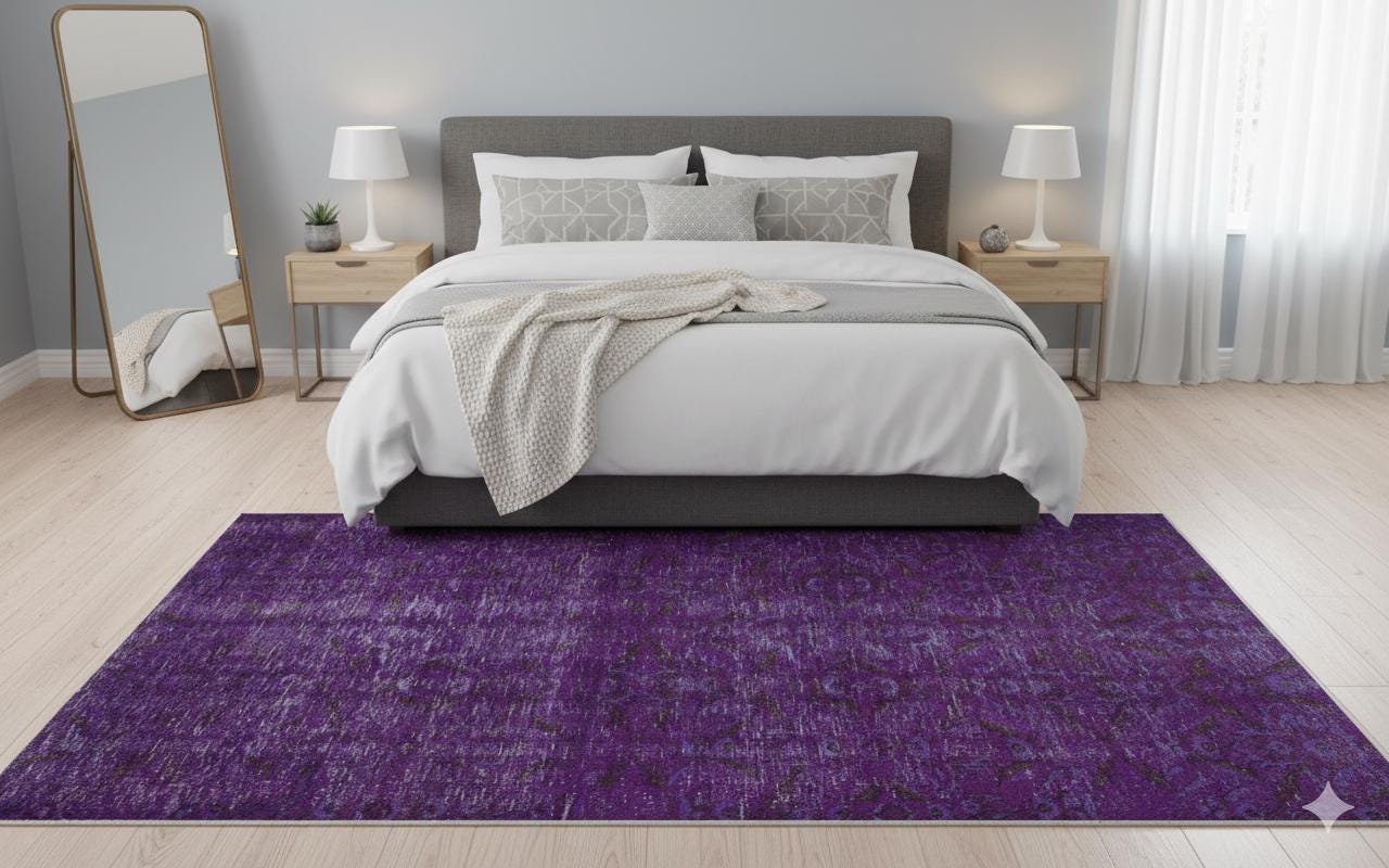 Vintage Purple Wool Rug (4'9''x8' ft): Handmade Eclectic Turkish Carpet