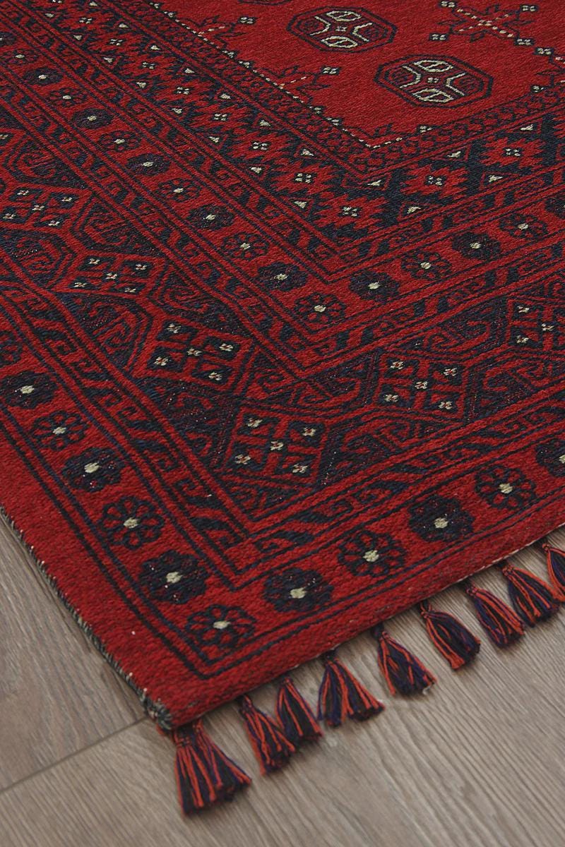 Red & Blue Washable oriental Afghan Rug: Vintage Farmhouse Style