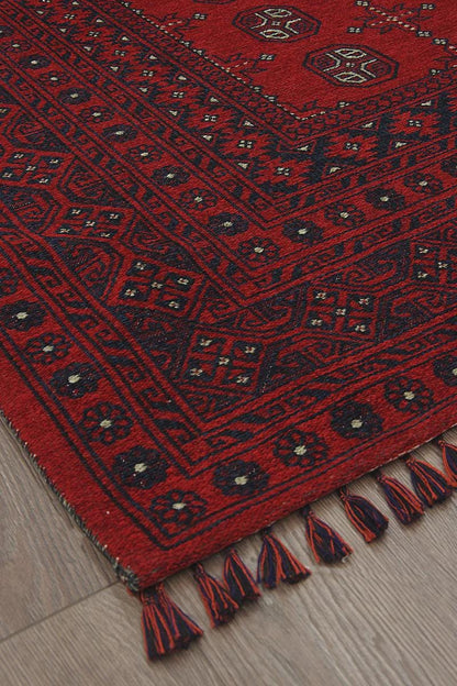 Red & Blue Washable oriental Afghan Rug: Vintage Farmhouse Style