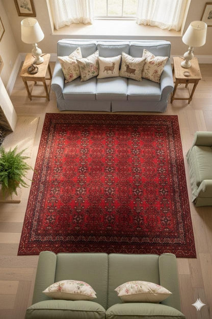 Red & Blue Washable oriental Afghan Rug: Vintage Farmhouse Style