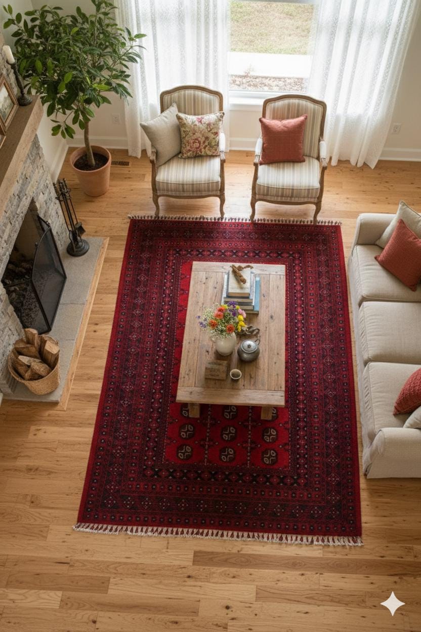 Red & Blue Washable oriental Afghan Rug: Vintage Farmhouse Style