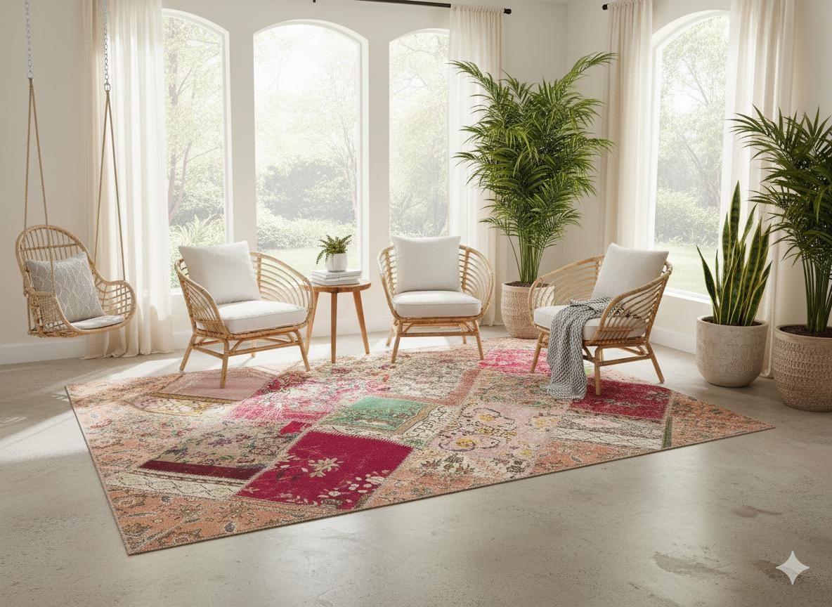 Handmade Wool Patchwork Turkish Rug - 5.9x7.9 ft Bohemian Area Rug