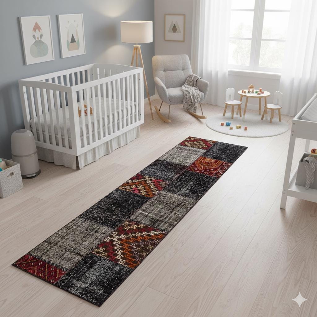Handmade Wool Patchwork Turkish Rug - 2.6x9.8 ft Bohemian Area Rug