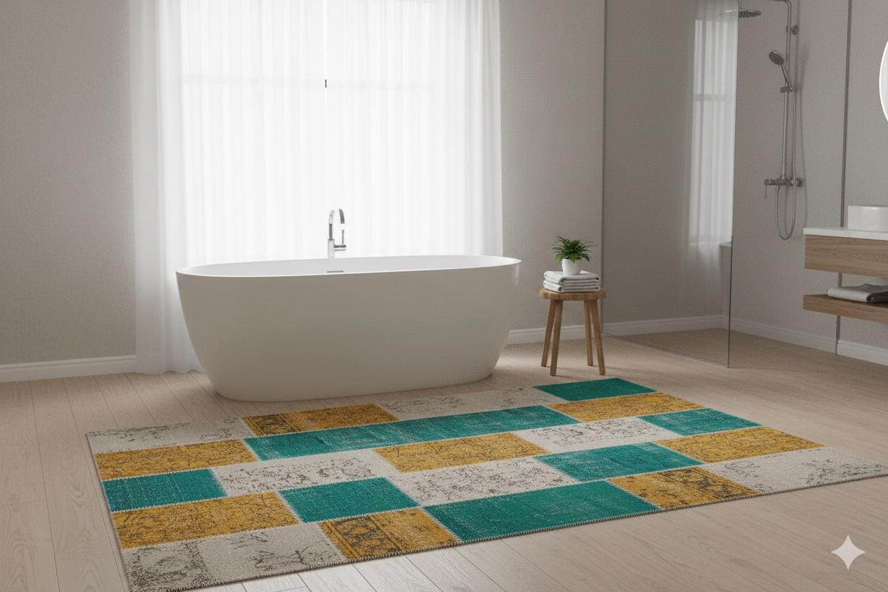 Green Patchwork Wool Rug: Bohemian Handmade Area Rug (6.6x7.5 ft)