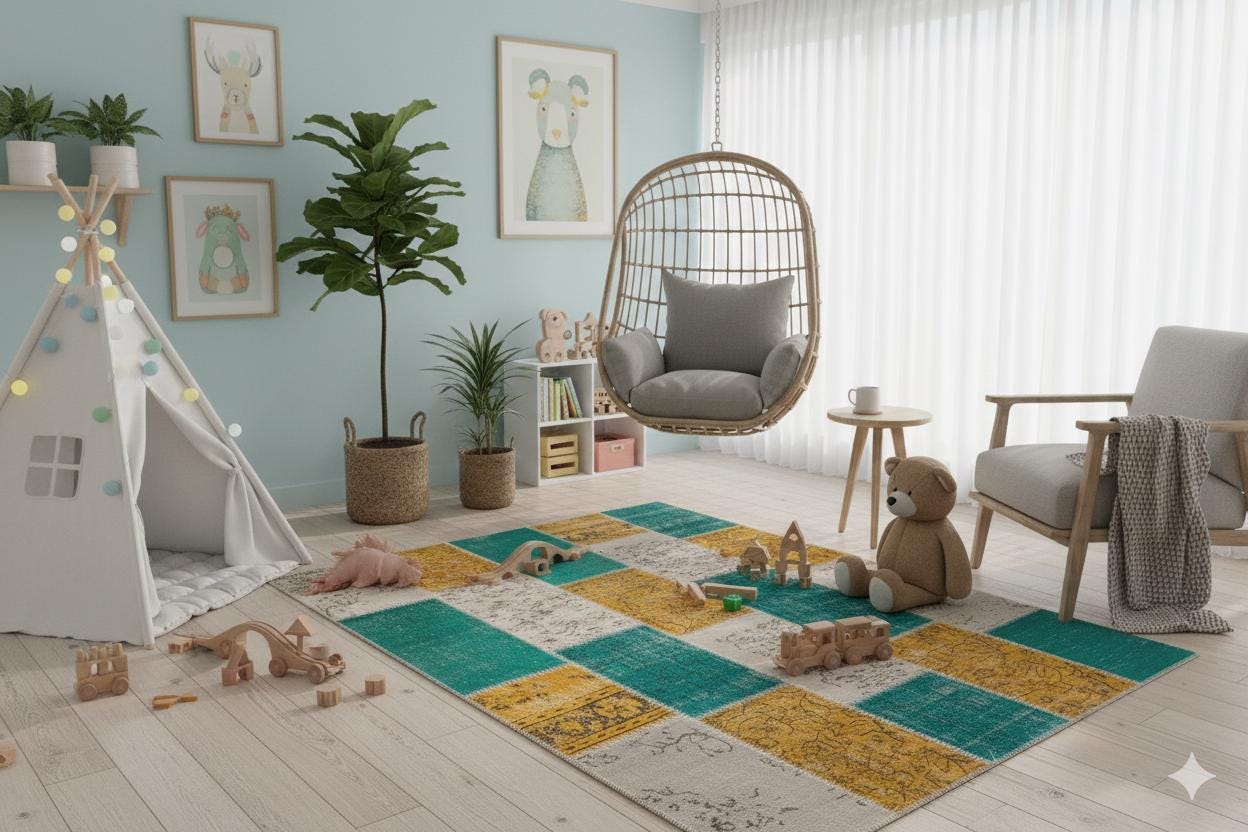 Green Patchwork Wool Rug: Bohemian Handmade Area Rug (6.6x7.5 ft)