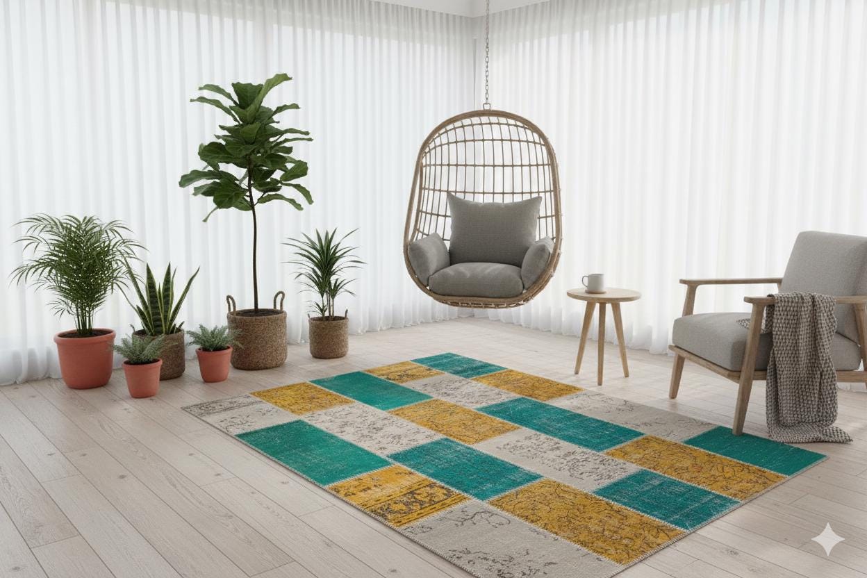 Green Patchwork Wool Rug: Bohemian Handmade Area Rug (6.6x7.5 ft)