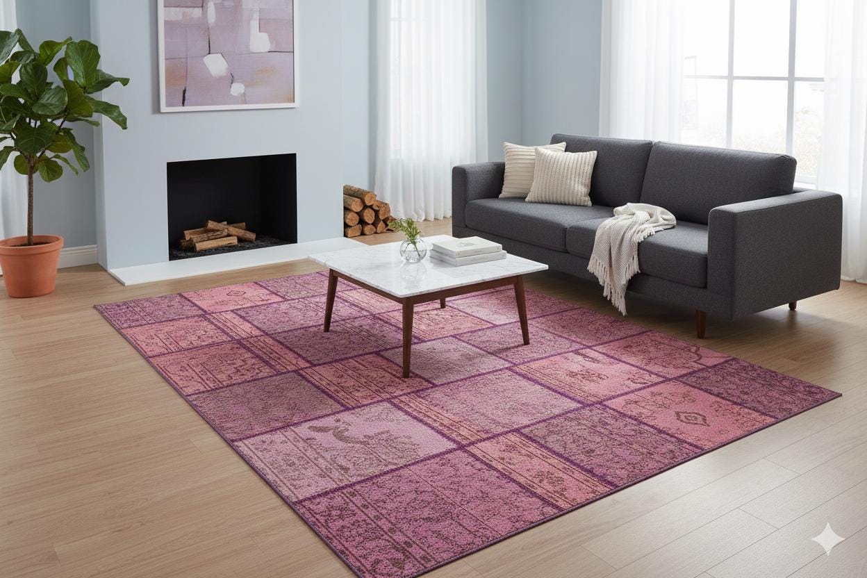 Handmade Wool Patchwork Rug: Bohemian Pink Anatolian Rug (5.9x8.5 ft)