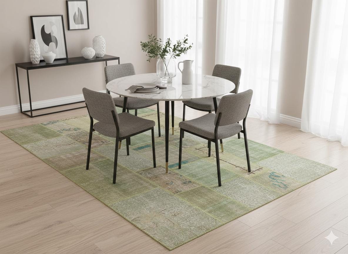 Green Patchwork Wool Rug: Handmade Turkish Bohemian Carpet (6.5x9.8 ft)