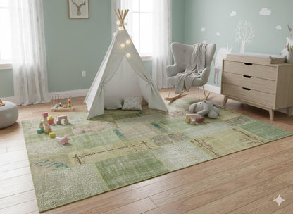 Green Patchwork Wool Rug: Handmade Turkish Bohemian Carpet (6.5x9.8 ft)