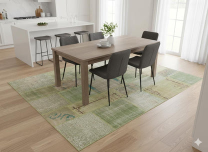 Green Patchwork Wool Rug: Handmade Turkish Bohemian Carpet (6.5x9.8 ft)