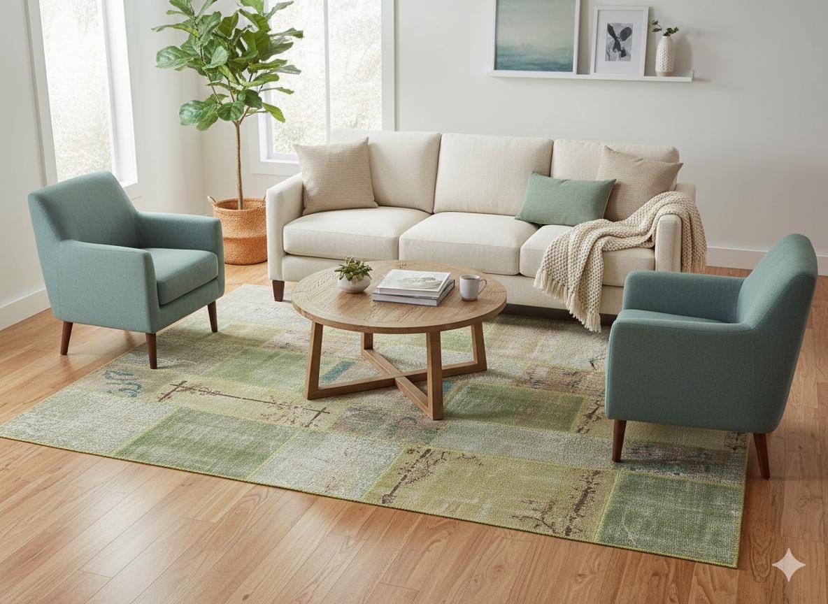 Green Patchwork Wool Rug: Handmade Turkish Bohemian Carpet (6.5x9.8 ft)