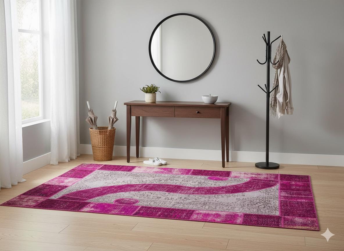 Pink Patchwork Wool Rug: Bohemian Ying Yang Area Rug (7.9x10.8 ft)
