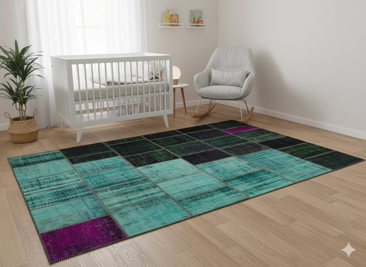 Green Patchwork Rug: Bohemian Handmade Wool Area Rug (6.5x9.8 ft)