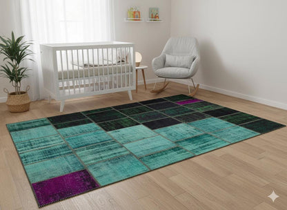 Green Patchwork Rug: Bohemian Handmade Wool Area Rug (6.5x9.8 ft)