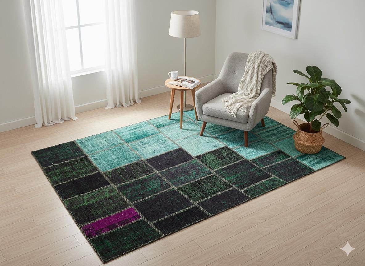 Green Patchwork Rug: Bohemian Handmade Wool Area Rug (6.5x9.8 ft)