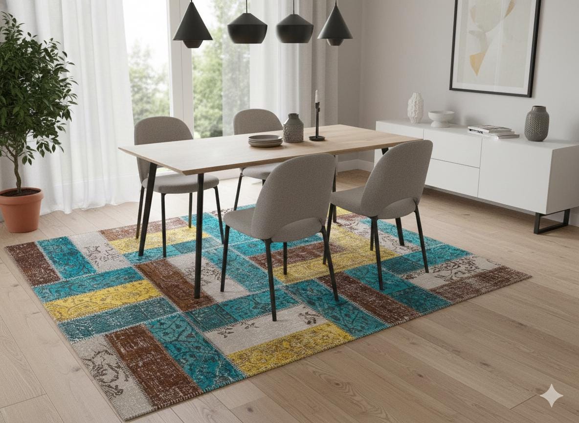 Handmade Patchwork Turkish Rug: Bohemian Wool Area Rug (5.6x7.9 ft)