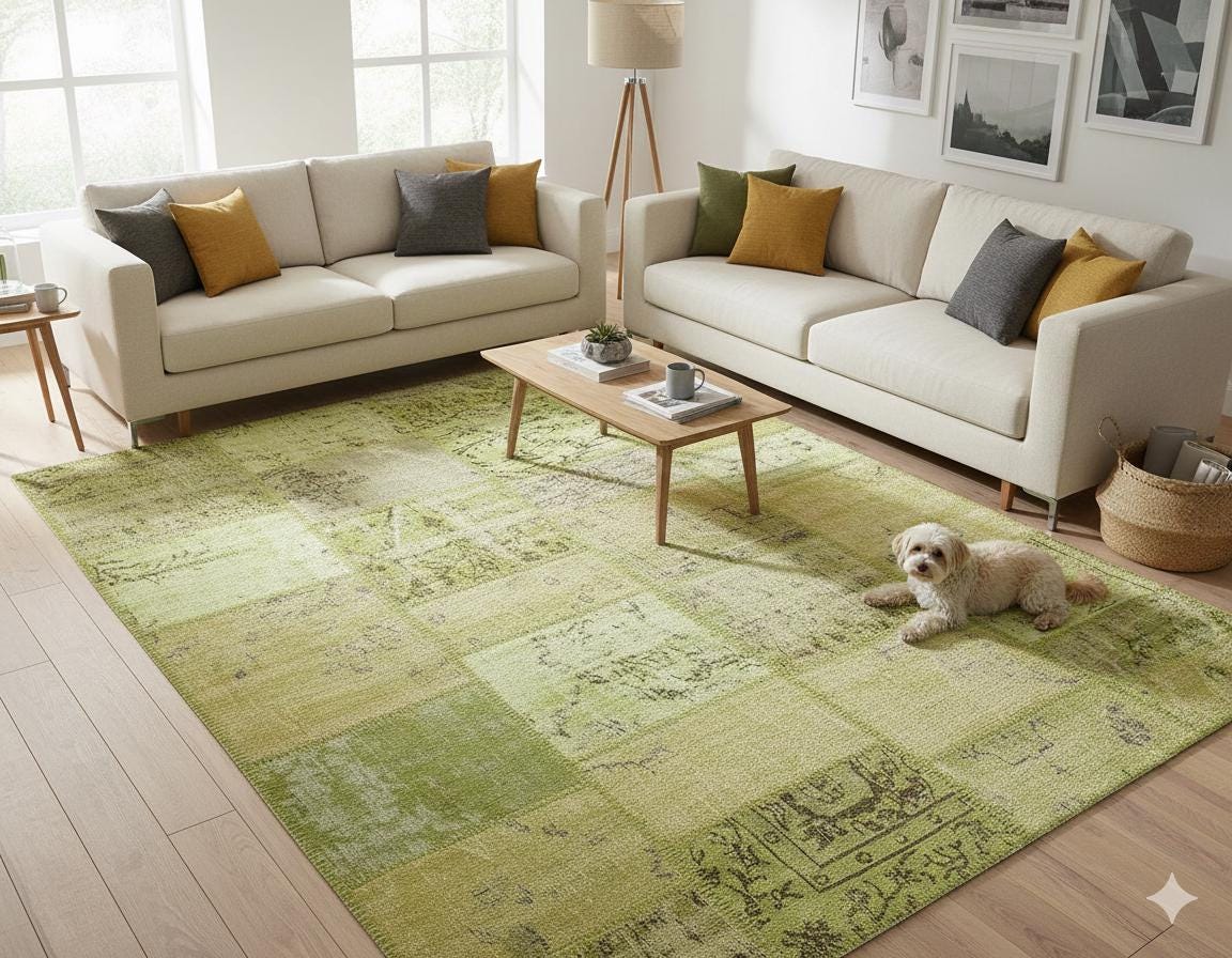 Green Patchwork Wool Rug: Handmade Turkish Area Rug (5.5x8.1 ft)