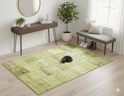 Green Patchwork Wool Rug: Handmade Turkish Area Rug (5.5x8.1 ft)